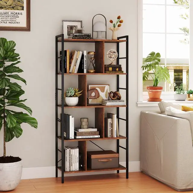 Alt view image 5 of 6 - 5-Tier Tall Bookshelves Set of 2, 61" Industrial Bookcase w/Metal Frame, Storage Organizer w/Anti-toppling Kits, Display Rack Shelving Unit for Living Room, Home Office, Rustic Brown