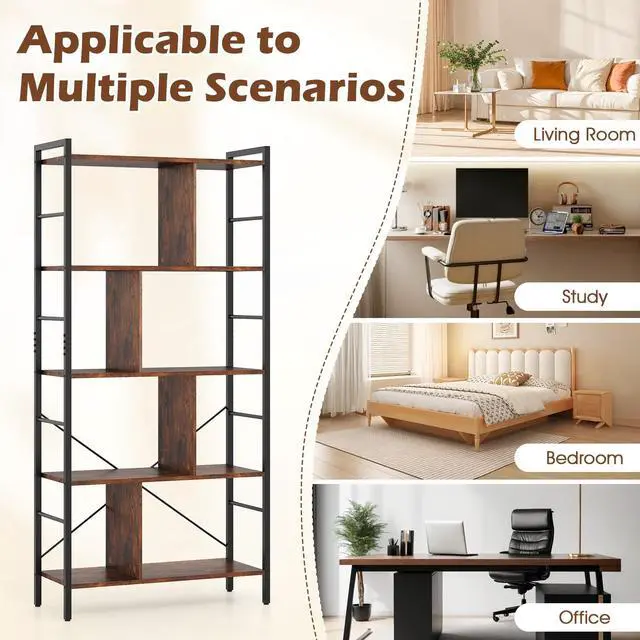 Alt view image 6 of 6 - 5-Tier Tall Bookshelves Set of 2, 61" Industrial Bookcase w/Metal Frame, Storage Organizer w/Anti-toppling Kits, Display Rack Shelving Unit for Living Room, Home Office, Rustic Brown