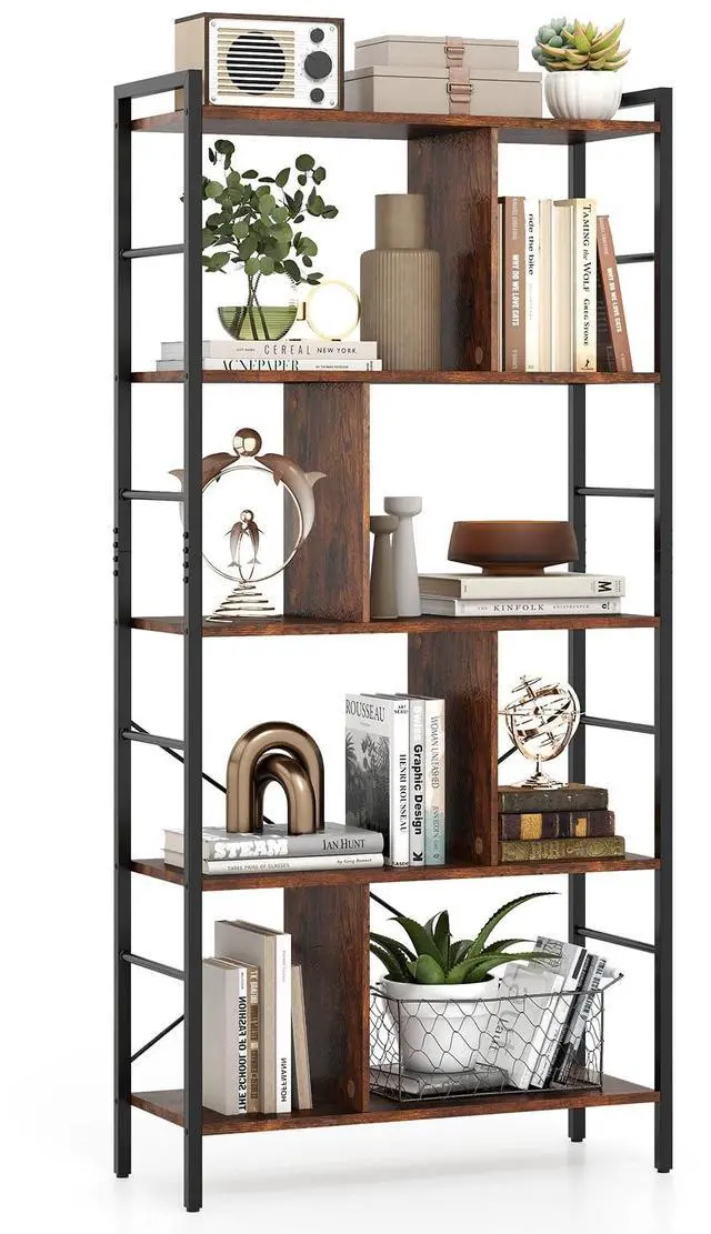 Main image of 5-Tier Tall Bookshelf, 61" Industrial Bookcase w/Metal Frame, Storage Organizer w/Anti-toppling Kits, Display Rack Shelving Unit for Living Room, Home Office, Rustic Brown (1)