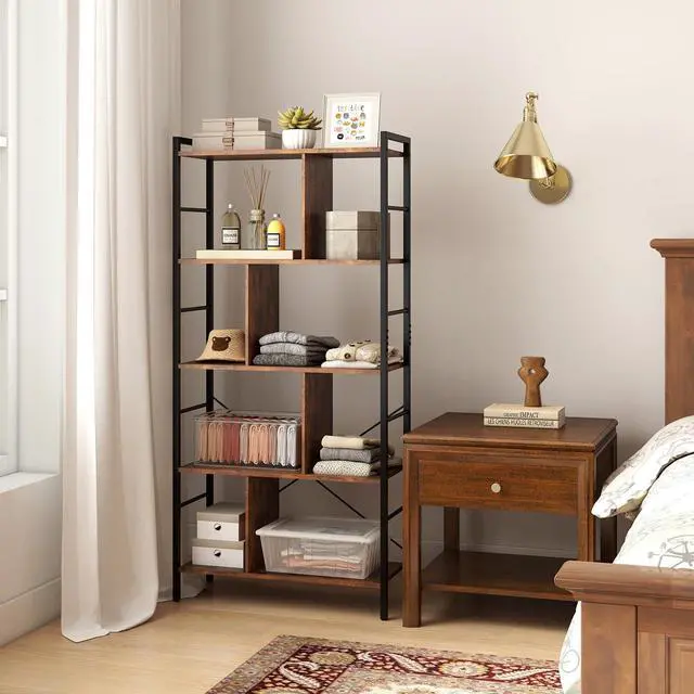 Alt view image 2 of 6 - 5-Tier Tall Bookshelf, 61" Industrial Bookcase w/Metal Frame, Storage Organizer w/Anti-toppling Kits, Display Rack Shelving Unit for Living Room, Home Office, Rustic Brown (1)