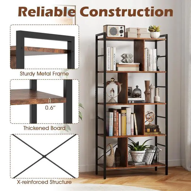 Alt view image 4 of 6 - 5-Tier Tall Bookshelf, 61" Industrial Bookcase w/Metal Frame, Storage Organizer w/Anti-toppling Kits, Display Rack Shelving Unit for Living Room, Home Office, Rustic Brown (1)