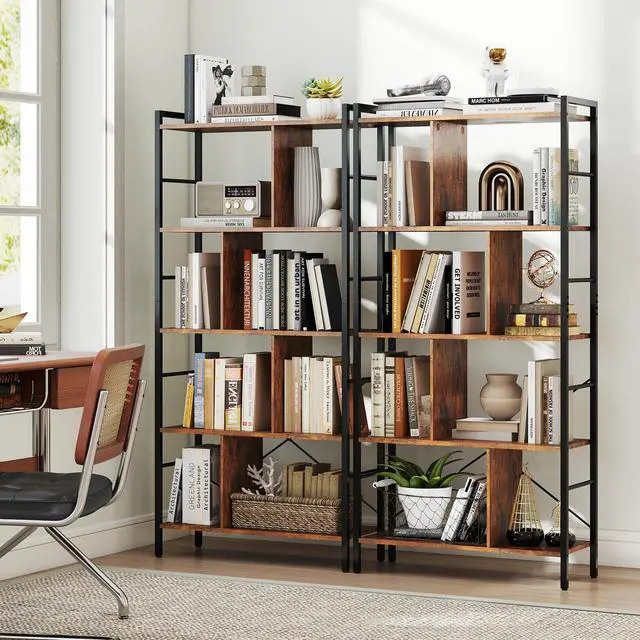 Alt view image 5 of 6 - 5-Tier Tall Bookshelf, 61" Industrial Bookcase w/Metal Frame, Storage Organizer w/Anti-toppling Kits, Display Rack Shelving Unit for Living Room, Home Office, Rustic Brown (1)