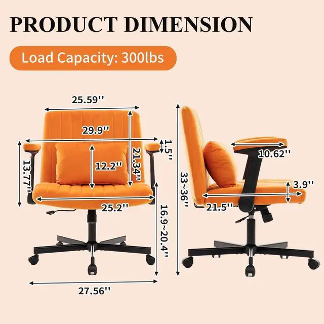 Alt view image 2 of 6 - Home Office Desk Chair, Velvet Upholstered Criss Cross Chair with Pillow, Comfy Ergonomic Computer Chair with Height, Tilt Angle and Armrest Adjustable, Desk Chair for Office (Orange-Velvet)