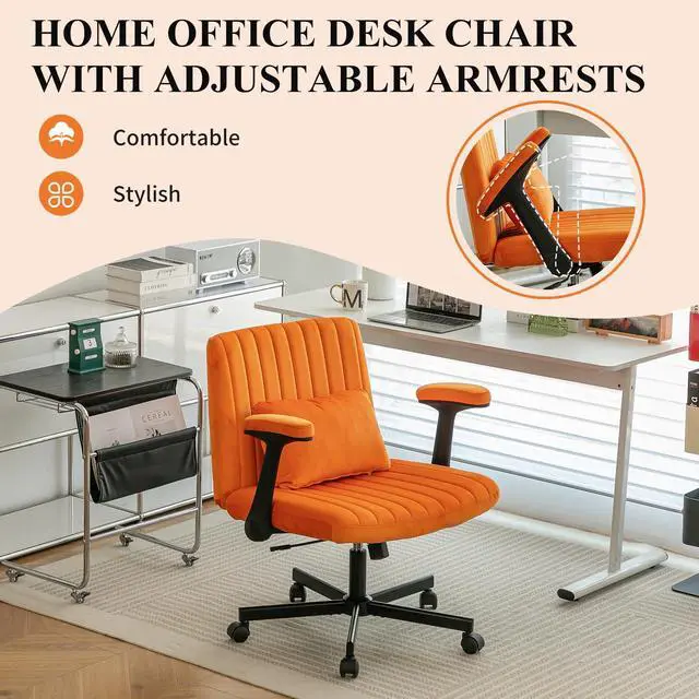 Alt view image 3 of 6 - Home Office Desk Chair, Velvet Upholstered Criss Cross Chair with Pillow, Comfy Ergonomic Computer Chair with Height, Tilt Angle and Armrest Adjustable, Desk Chair for Office (Orange-Velvet)
