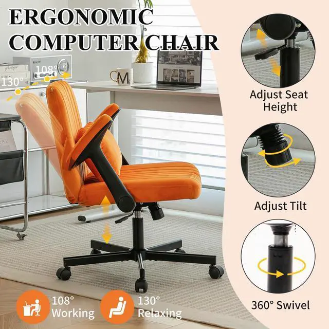 Alt view image 4 of 6 - Home Office Desk Chair, Velvet Upholstered Criss Cross Chair with Pillow, Comfy Ergonomic Computer Chair with Height, Tilt Angle and Armrest Adjustable, Desk Chair for Office (Orange-Velvet)