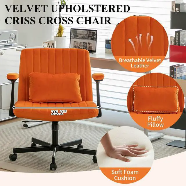 Alt view image 5 of 6 - Home Office Desk Chair, Velvet Upholstered Criss Cross Chair with Pillow, Comfy Ergonomic Computer Chair with Height, Tilt Angle and Armrest Adjustable, Desk Chair for Office (Orange-Velvet)