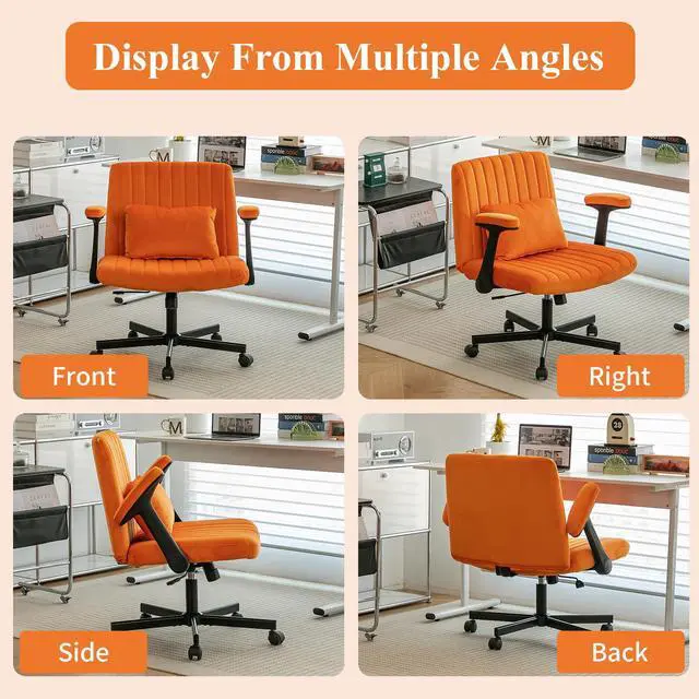 Alt view image 6 of 6 - Home Office Desk Chair, Velvet Upholstered Criss Cross Chair with Pillow, Comfy Ergonomic Computer Chair with Height, Tilt Angle and Armrest Adjustable, Desk Chair for Office (Orange-Velvet)