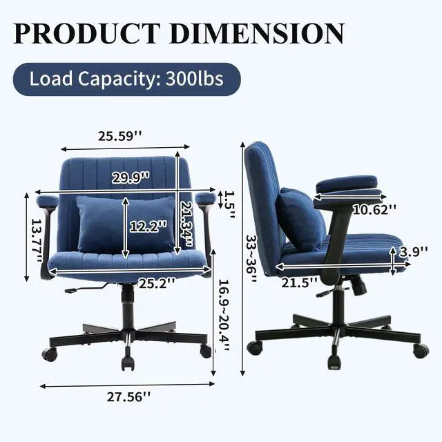 Alt view image 2 of 6 - Home Office Desk Chair, Linen Upholstered Criss Cross Chair with Pillow, Comfy Ergonomic Computer Chair with Height, Tilt Angle and Armrest Adjustable, Desk Chair for Office (Blue-Linen)