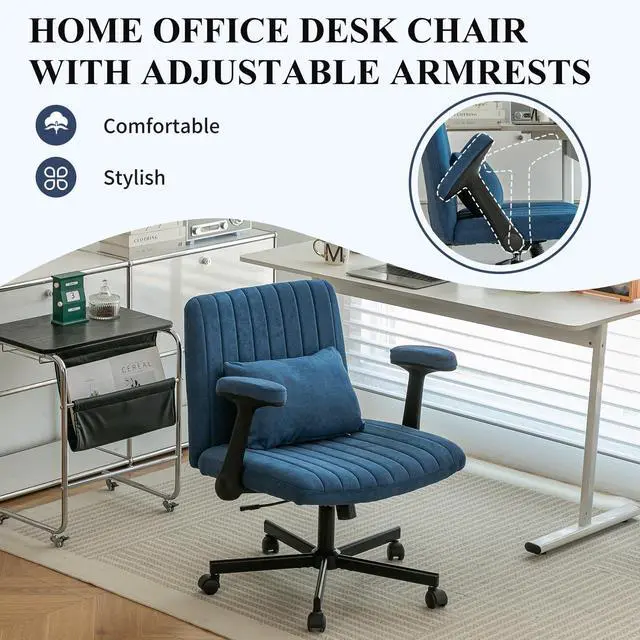 Alt view image 3 of 6 - Home Office Desk Chair, Linen Upholstered Criss Cross Chair with Pillow, Comfy Ergonomic Computer Chair with Height, Tilt Angle and Armrest Adjustable, Desk Chair for Office (Blue-Linen)