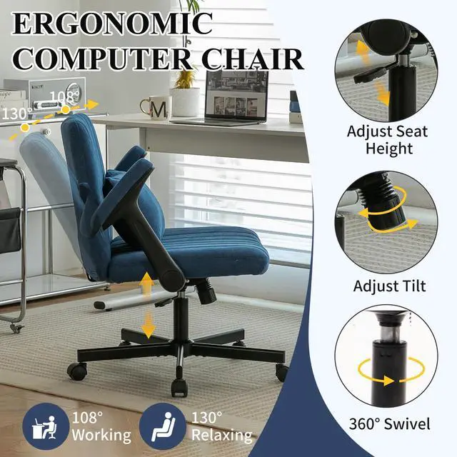 Alt view image 4 of 6 - Home Office Desk Chair, Linen Upholstered Criss Cross Chair with Pillow, Comfy Ergonomic Computer Chair with Height, Tilt Angle and Armrest Adjustable, Desk Chair for Office (Blue-Linen)