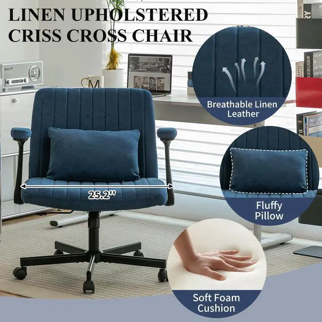 Alt view image 5 of 6 - Home Office Desk Chair, Linen Upholstered Criss Cross Chair with Pillow, Comfy Ergonomic Computer Chair with Height, Tilt Angle and Armrest Adjustable, Desk Chair for Office (Blue-Linen)