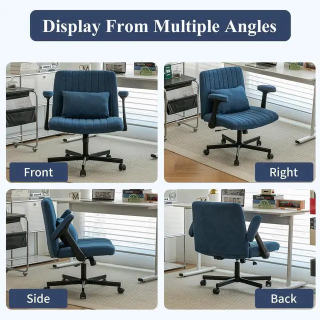 Alt view image 6 of 6 - Home Office Desk Chair, Linen Upholstered Criss Cross Chair with Pillow, Comfy Ergonomic Computer Chair with Height, Tilt Angle and Armrest Adjustable, Desk Chair for Office (Blue-Linen)