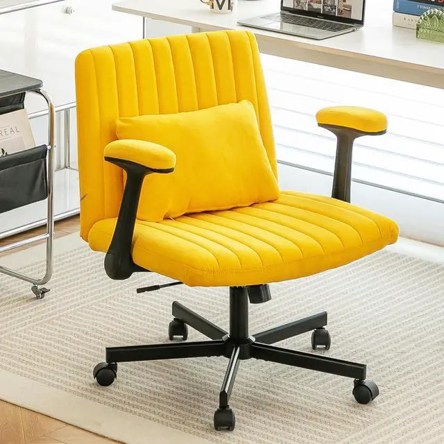 Main image of Home Office Desk Chair, Linen Upholstered Criss Cross Chair with Pillow, Comfy Ergonomic Computer Chair with Height, Tilt Angle and Armrest Adjustable, Desk Chair for Office (Yellow-Linen)
