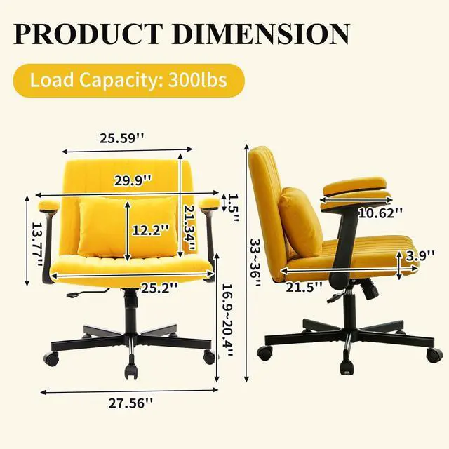 Alt view image 2 of 6 - Home Office Desk Chair, Linen Upholstered Criss Cross Chair with Pillow, Comfy Ergonomic Computer Chair with Height, Tilt Angle and Armrest Adjustable, Desk Chair for Office (Yellow-Linen)