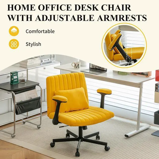 Alt view image 3 of 6 - Home Office Desk Chair, Linen Upholstered Criss Cross Chair with Pillow, Comfy Ergonomic Computer Chair with Height, Tilt Angle and Armrest Adjustable, Desk Chair for Office (Yellow-Linen)