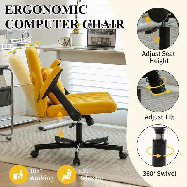 Alt view image 4 of 6 - Home Office Desk Chair, Linen Upholstered Criss Cross Chair with Pillow, Comfy Ergonomic Computer Chair with Height, Tilt Angle and Armrest Adjustable, Desk Chair for Office (Yellow-Linen)