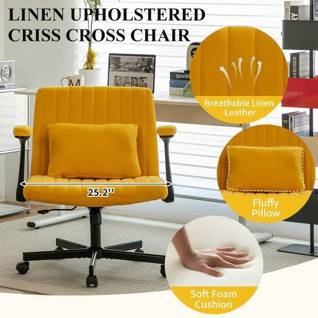Alt view image 5 of 6 - Home Office Desk Chair, Linen Upholstered Criss Cross Chair with Pillow, Comfy Ergonomic Computer Chair with Height, Tilt Angle and Armrest Adjustable, Desk Chair for Office (Yellow-Linen)