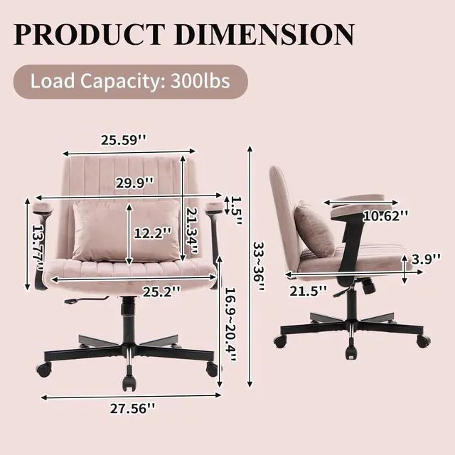 Alt view image 2 of 6 - Home Office Desk Chair, Velvet Upholstered Criss Cross Chair with Pillow, Comfy Ergonomic Computer Chair with Height, Tilt Angle and Armrest Adjustable, Desk Chair for Office (Pink-Velvet)