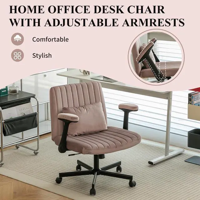 Alt view image 3 of 6 - Home Office Desk Chair, Velvet Upholstered Criss Cross Chair with Pillow, Comfy Ergonomic Computer Chair with Height, Tilt Angle and Armrest Adjustable, Desk Chair for Office (Pink-Velvet)