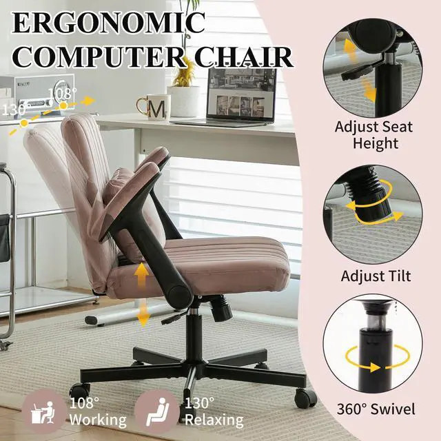 Alt view image 4 of 6 - Home Office Desk Chair, Velvet Upholstered Criss Cross Chair with Pillow, Comfy Ergonomic Computer Chair with Height, Tilt Angle and Armrest Adjustable, Desk Chair for Office (Pink-Velvet)