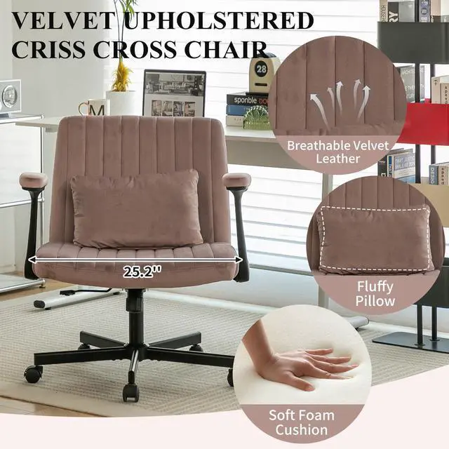 Alt view image 5 of 6 - Home Office Desk Chair, Velvet Upholstered Criss Cross Chair with Pillow, Comfy Ergonomic Computer Chair with Height, Tilt Angle and Armrest Adjustable, Desk Chair for Office (Pink-Velvet)