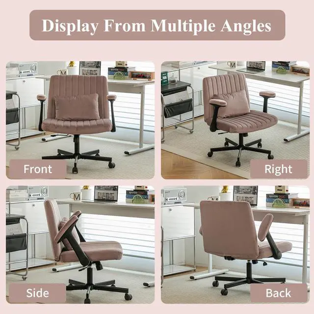 Alt view image 6 of 6 - Home Office Desk Chair, Velvet Upholstered Criss Cross Chair with Pillow, Comfy Ergonomic Computer Chair with Height, Tilt Angle and Armrest Adjustable, Desk Chair for Office (Pink-Velvet)