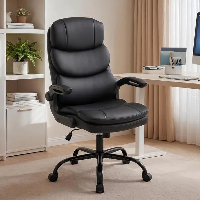 Main image of Ergonomic Office Chair High Back with Lumbar Support, PU Leather Executive Desk Chair, Adjustable Height & Flip-Up Arms, Swivel Rolling Computer Chair for Home Office (Black)