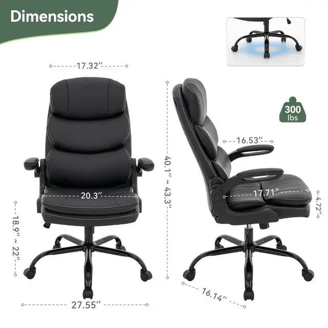 Alt view image 2 of 6 - Ergonomic Office Chair High Back with Lumbar Support, PU Leather Executive Desk Chair, Adjustable Height & Flip-Up Arms, Swivel Rolling Computer Chair for Home Office (Black)