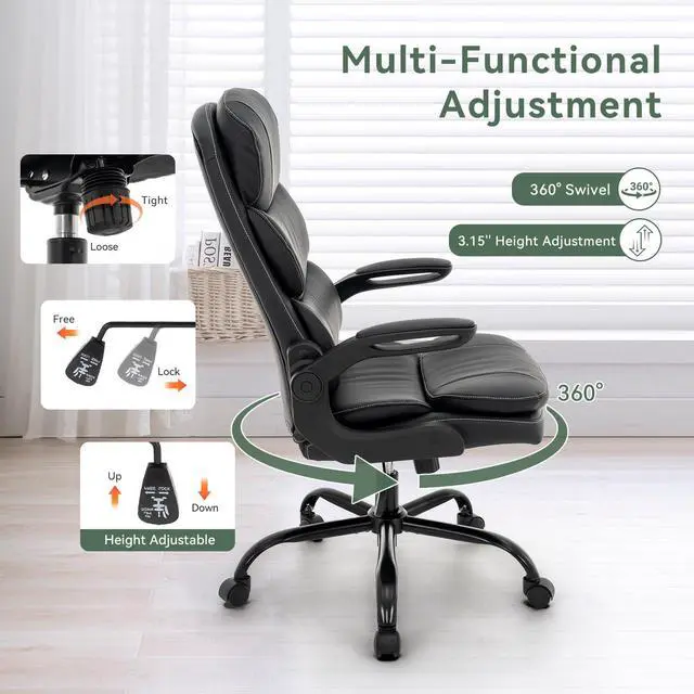 Alt view image 3 of 6 - Ergonomic Office Chair High Back with Lumbar Support, PU Leather Executive Desk Chair, Adjustable Height & Flip-Up Arms, Swivel Rolling Computer Chair for Home Office (Black)