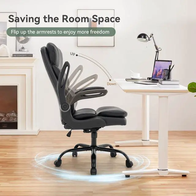 Alt view image 4 of 6 - Ergonomic Office Chair High Back with Lumbar Support, PU Leather Executive Desk Chair, Adjustable Height & Flip-Up Arms, Swivel Rolling Computer Chair for Home Office (Black)