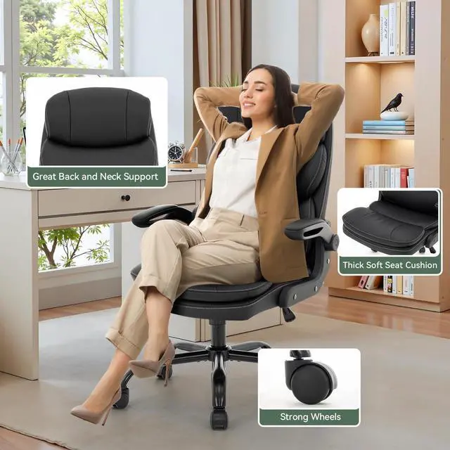 Alt view image 5 of 6 - Ergonomic Office Chair High Back with Lumbar Support, PU Leather Executive Desk Chair, Adjustable Height & Flip-Up Arms, Swivel Rolling Computer Chair for Home Office (Black)
