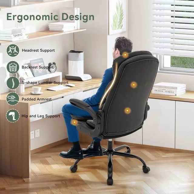 Alt view image 6 of 6 - Ergonomic Office Chair High Back with Lumbar Support, PU Leather Executive Desk Chair, Adjustable Height & Flip-Up Arms, Swivel Rolling Computer Chair for Home Office (Black)