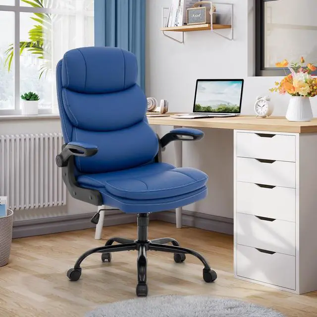 Main image of Ergonomic Office Chair High Back with Lumbar Support, PU Leather Executive Desk Chair, Adjustable Height & Flip-Up Arms, Swivel Rolling Computer Chair for Home Office (Blue)