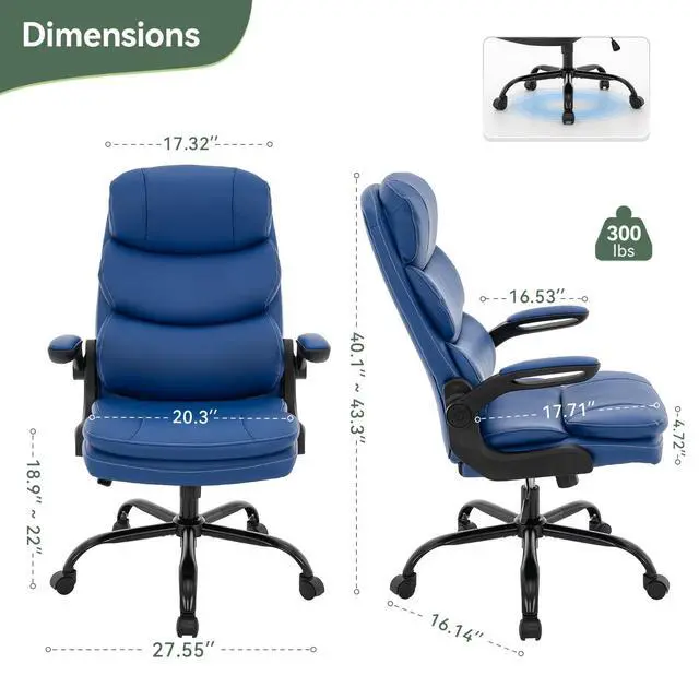 Alt view image 2 of 6 - Ergonomic Office Chair High Back with Lumbar Support, PU Leather Executive Desk Chair, Adjustable Height & Flip-Up Arms, Swivel Rolling Computer Chair for Home Office (Blue)