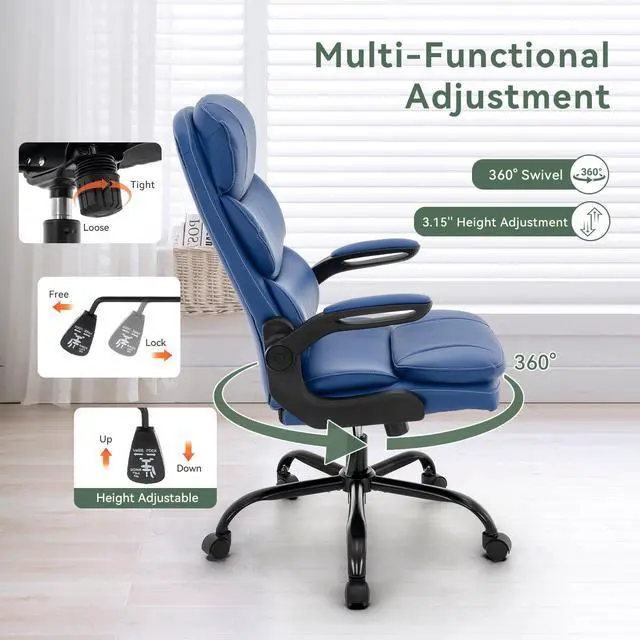 Alt view image 3 of 6 - Ergonomic Office Chair High Back with Lumbar Support, PU Leather Executive Desk Chair, Adjustable Height & Flip-Up Arms, Swivel Rolling Computer Chair for Home Office (Blue)