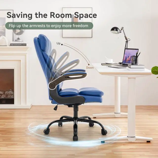 Alt view image 4 of 6 - Ergonomic Office Chair High Back with Lumbar Support, PU Leather Executive Desk Chair, Adjustable Height & Flip-Up Arms, Swivel Rolling Computer Chair for Home Office (Blue)
