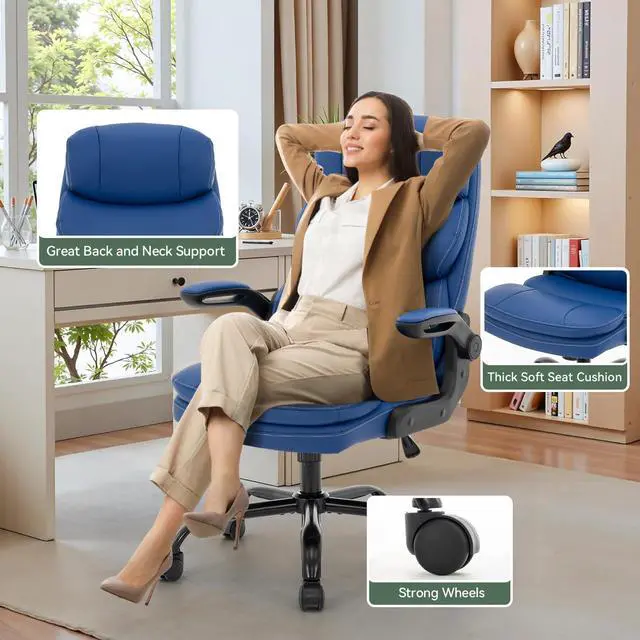Alt view image 5 of 6 - Ergonomic Office Chair High Back with Lumbar Support, PU Leather Executive Desk Chair, Adjustable Height & Flip-Up Arms, Swivel Rolling Computer Chair for Home Office (Blue)