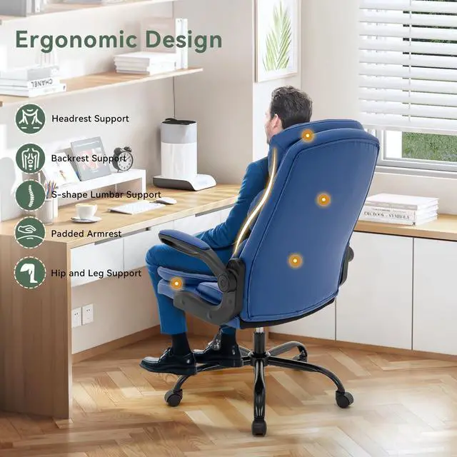 Alt view image 6 of 6 - Ergonomic Office Chair High Back with Lumbar Support, PU Leather Executive Desk Chair, Adjustable Height & Flip-Up Arms, Swivel Rolling Computer Chair for Home Office (Blue)