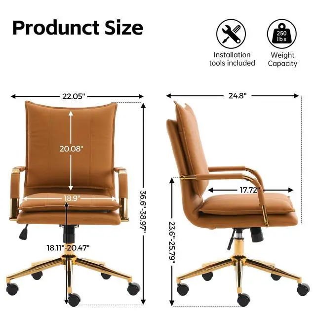 Alt view image 2 of 6 - Ergonomic Mid-Back Leather Office Chair, Modern Upholstered Executive Task Chair, Adjustable Swivel Design with Gold Legs and Armrests, Camel