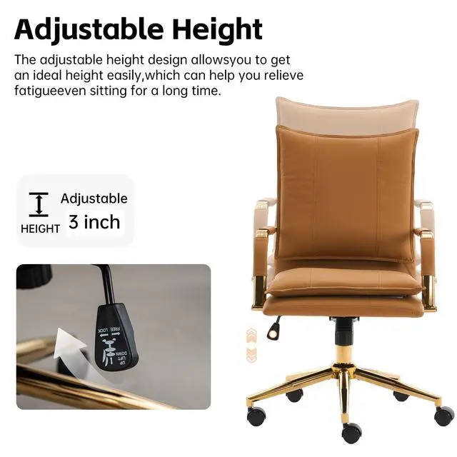 Alt view image 3 of 6 - Ergonomic Mid-Back Leather Office Chair, Modern Upholstered Executive Task Chair, Adjustable Swivel Design with Gold Legs and Armrests, Camel