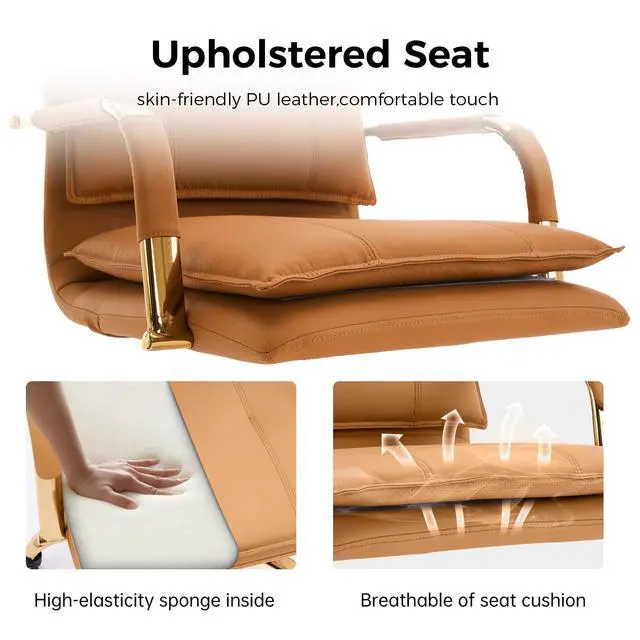 Alt view image 4 of 6 - Ergonomic Mid-Back Leather Office Chair, Modern Upholstered Executive Task Chair, Adjustable Swivel Design with Gold Legs and Armrests, Camel