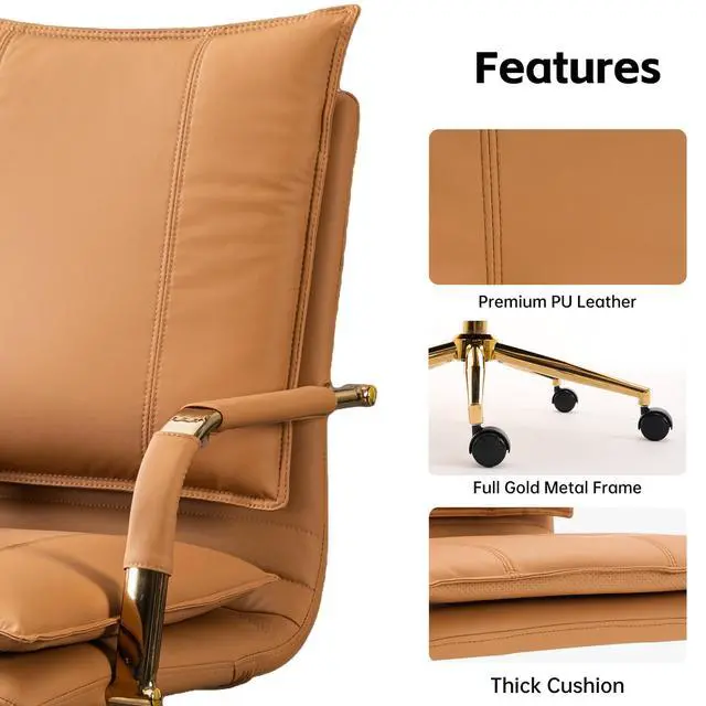 Alt view image 5 of 6 - Ergonomic Mid-Back Leather Office Chair, Modern Upholstered Executive Task Chair, Adjustable Swivel Design with Gold Legs and Armrests, Camel