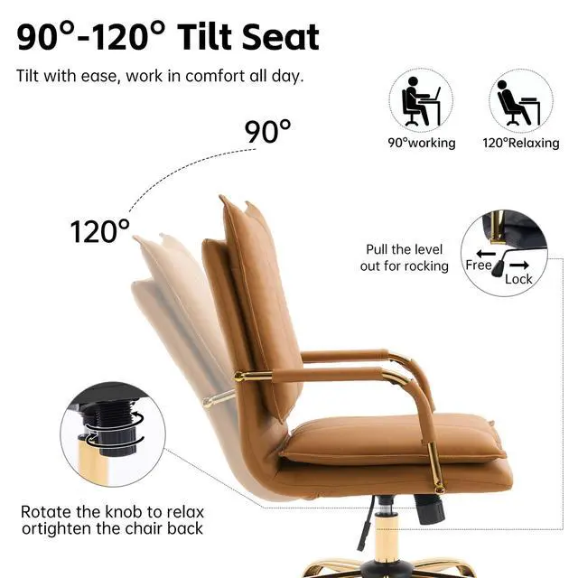 Alt view image 6 of 6 - Ergonomic Mid-Back Leather Office Chair, Modern Upholstered Executive Task Chair, Adjustable Swivel Design with Gold Legs and Armrests, Camel