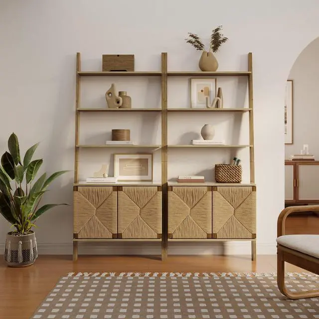 Alt view image 5 of 6 - LuxenHome 71" Tall Ladder Bookshelf with Storage Cabinet, 4 Tiers Shelves Etagere Bookcase with 2-Door Storage, Tall Wall Mounted Bookshelf Organizer for Living Room, Home Office, Bedroom