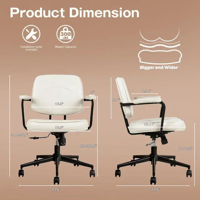 Alt view image 2 of 6 - Home Office Chair, Ergonomic Desk Chair with Lumbar Support, Adjustable Height Rolling Swivel Task Chair with Armrests, PU Leather, for Meeting,Study Room Beige