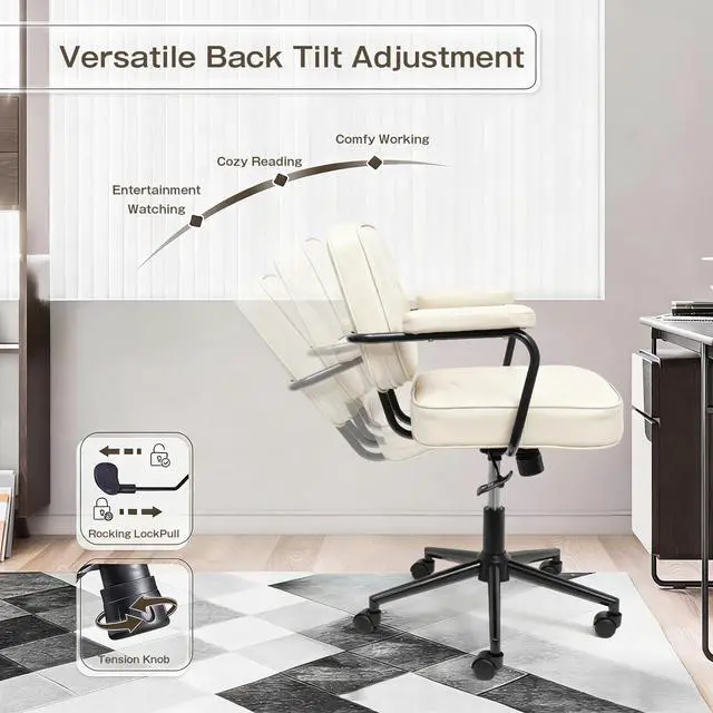 Alt view image 3 of 6 - Home Office Chair, Ergonomic Desk Chair with Lumbar Support, Adjustable Height Rolling Swivel Task Chair with Armrests, PU Leather, for Meeting,Study Room Beige