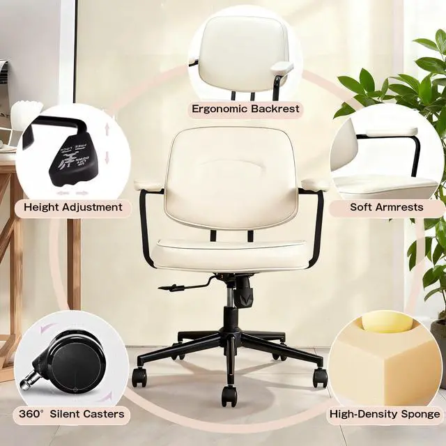 Alt view image 5 of 6 - Home Office Chair, Ergonomic Desk Chair with Lumbar Support, Adjustable Height Rolling Swivel Task Chair with Armrests, PU Leather, for Meeting,Study Room Beige