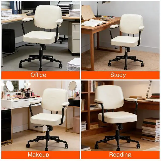 Alt view image 6 of 6 - Home Office Chair, Ergonomic Desk Chair with Lumbar Support, Adjustable Height Rolling Swivel Task Chair with Armrests, PU Leather, for Meeting,Study Room Beige