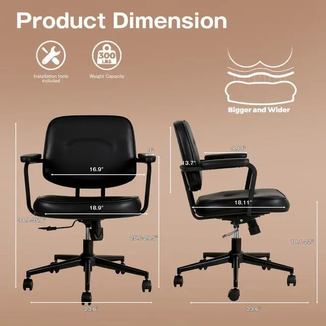 Alt view image 2 of 6 - Home Office Chair, Ergonomic Desk Chair with Lumbar Support, Adjustable Height Rolling Swivel Task Chair with Armrests, PU Leather, for Meeting,Study Room Black