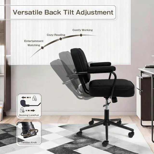 Alt view image 3 of 6 - Home Office Chair, Ergonomic Desk Chair with Lumbar Support, Adjustable Height Rolling Swivel Task Chair with Armrests, PU Leather, for Meeting,Study Room Black